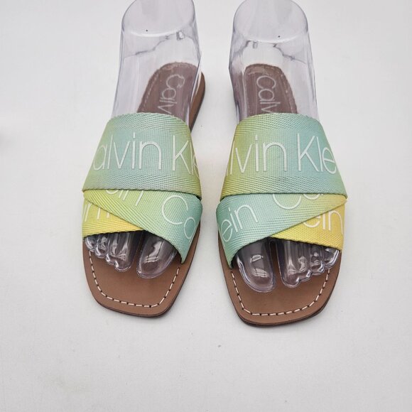 Calvin Klein Bainy Green Yellow LOGO Fabric Slides Flats Womens Sz 7 NEW - Picture 4 of 6